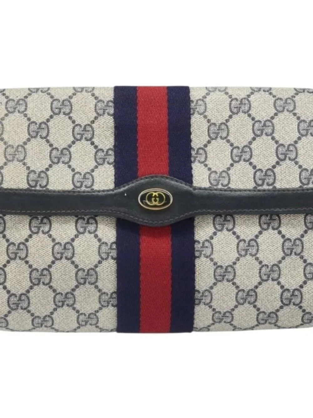 GUCCI GG Supreme Sherry Line Clutch Bag PVC Navy Gold 010 378 Auth BA10399